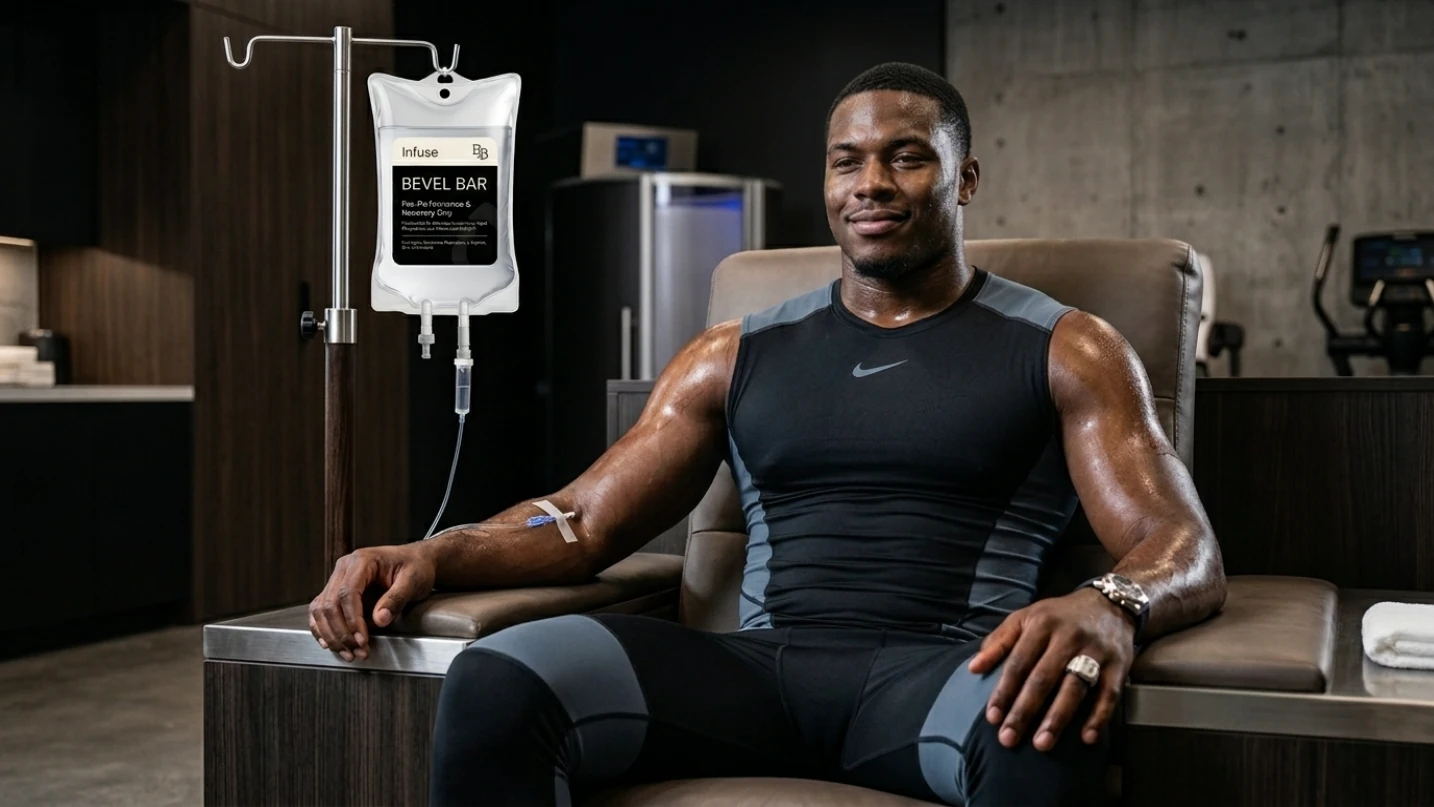 Professional NFL athlete receiving Bevel Bar mobile IV therapy during recovery session